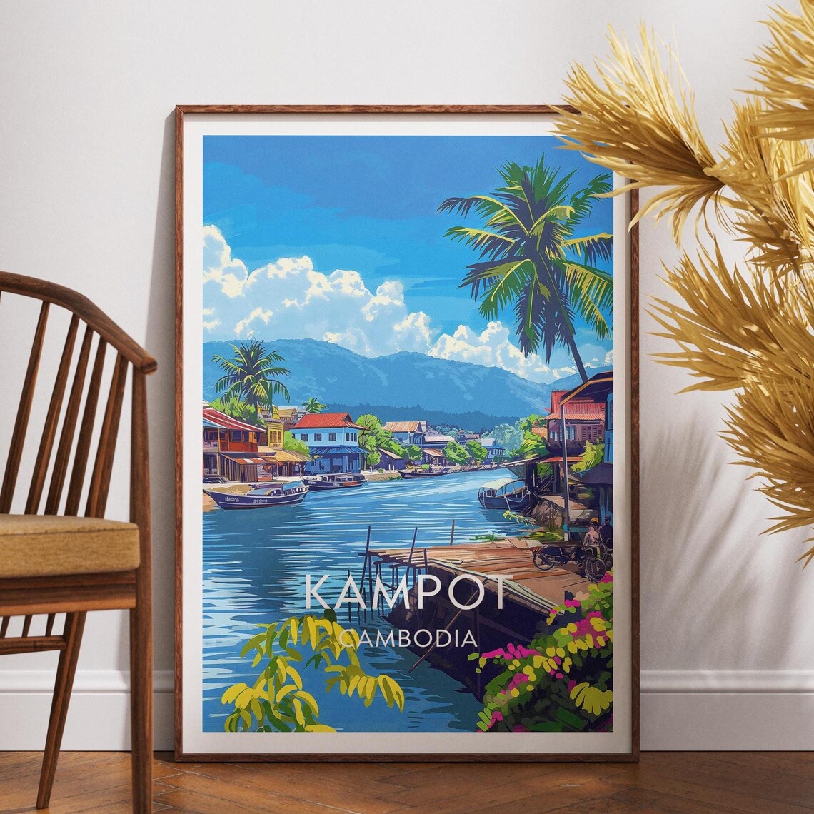 Kampot Cambodia River Boats Stilt Houses Tropical Travel Poster