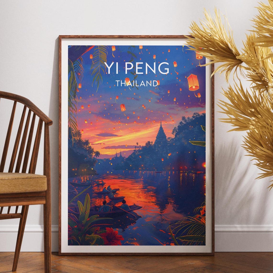 Yi Peng Thailand Sky Lantern Festival Night River Travel Poster