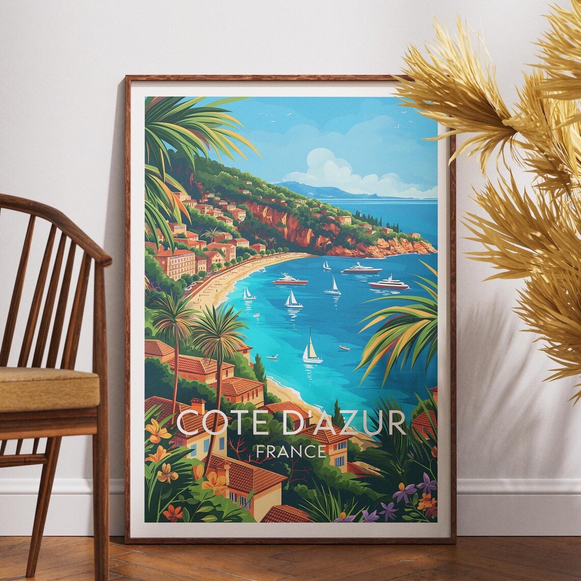 Cote d'Azur France Riviera Bay Yachts Palm Villas Travel Poster
