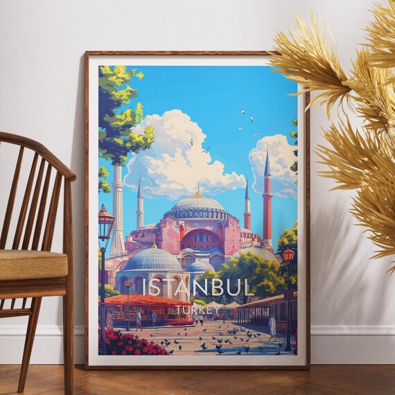 Istanbul Turkey Hagia Sophia Pigeons Plaza Blue Sky Travel Poster