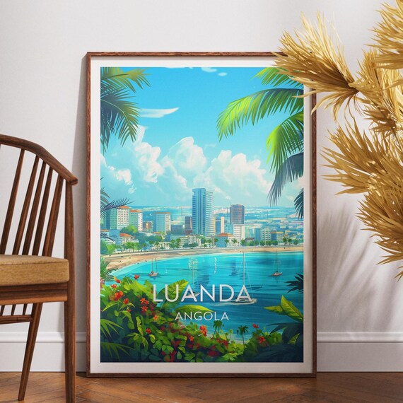 Luanda Angola Palm Framed Bay Cityscape Sailboats Travel Poster