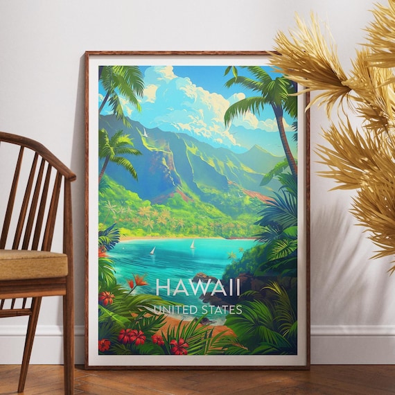 Hawaii United States Tropical Island Bay Turquoise Water Travel Poster