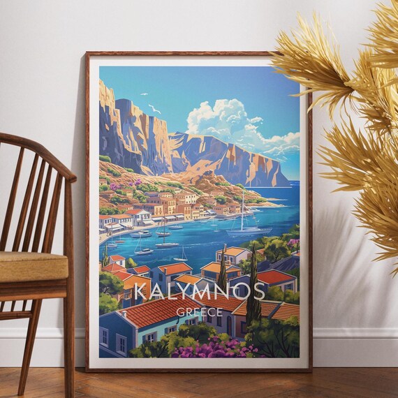 Kalymnos Greece Cliffside Harbor Sailboats Vintage Travel Poster