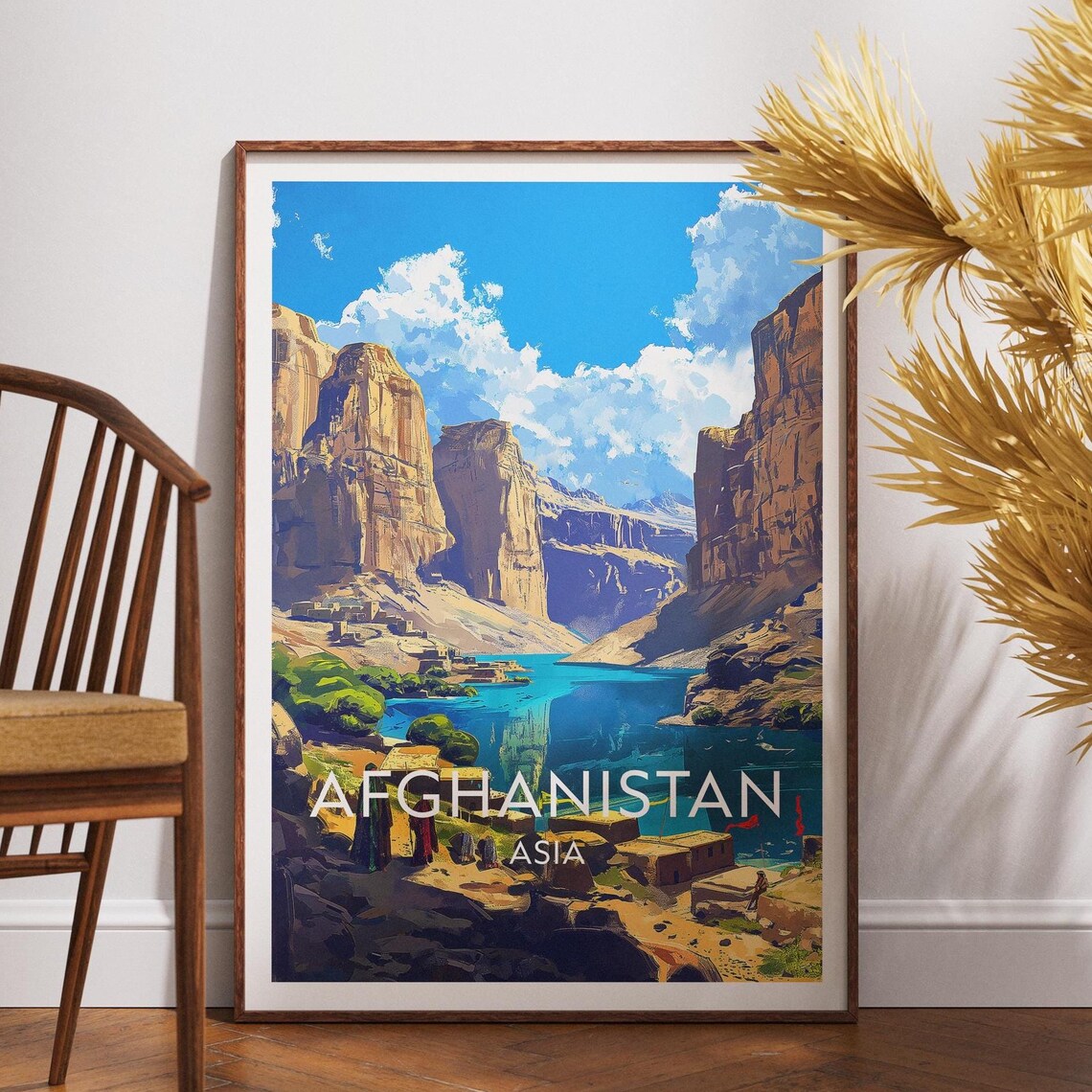 Afghanistan Asia Turquoise Canyon Lake Mountain Village Vintage Travel Poster