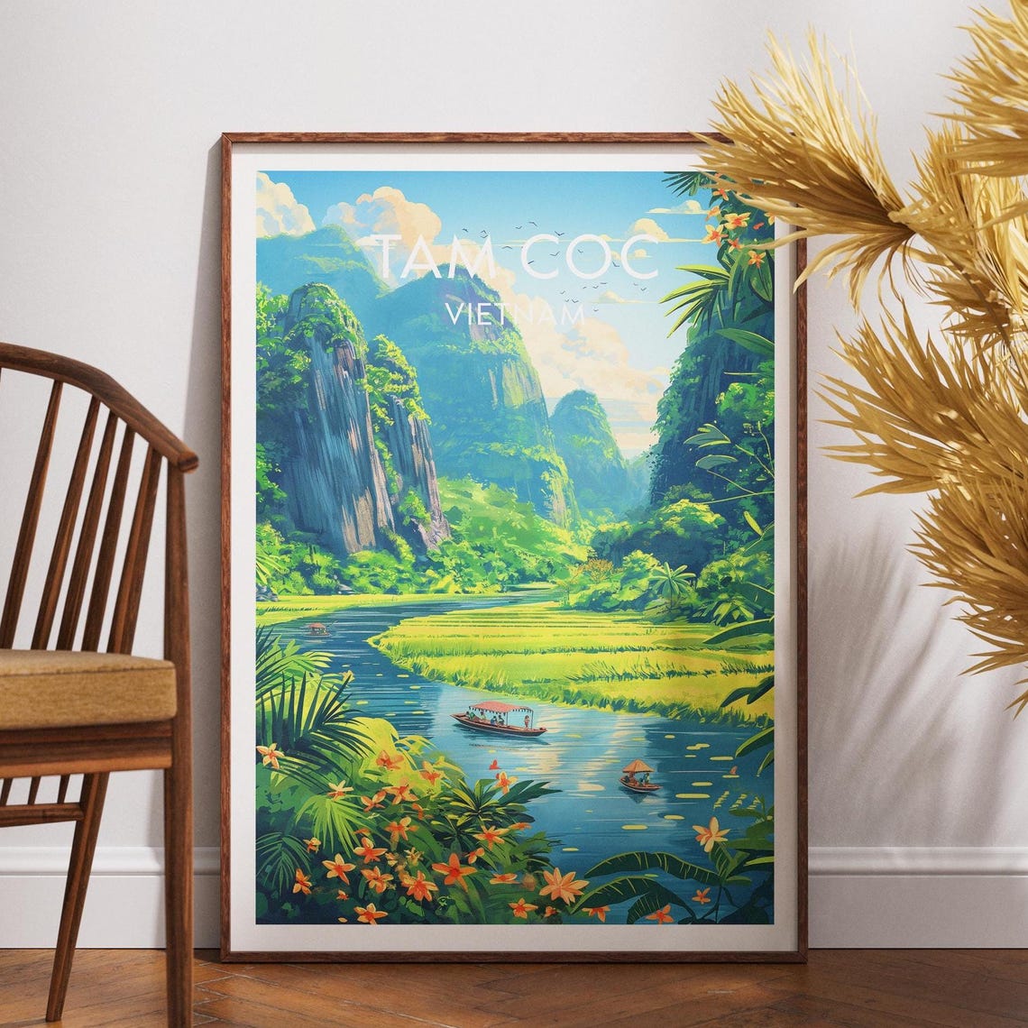 Tam Coc Vietnam Limestone Karst River Boat Vintage Travel Poster