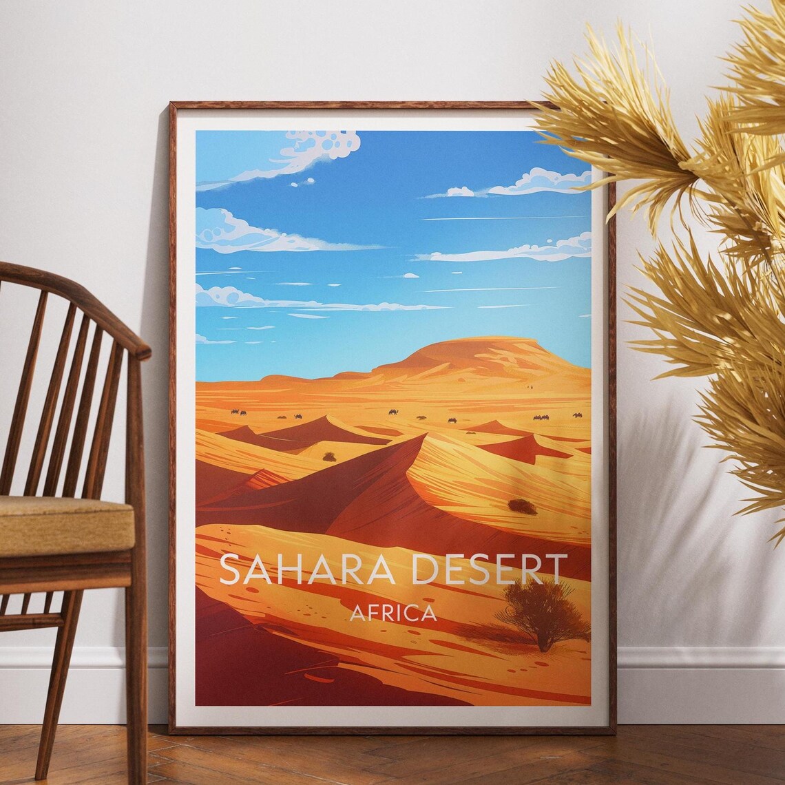 Sahara Desert Africa Golden Dunes Camel Caravan Modern Travel Poster