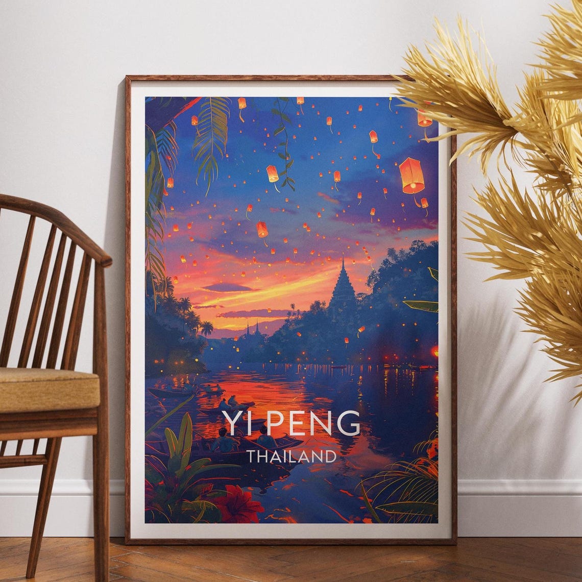 Yi Peng Thailand Lantern Festival Sunset River Scene Travel Poster