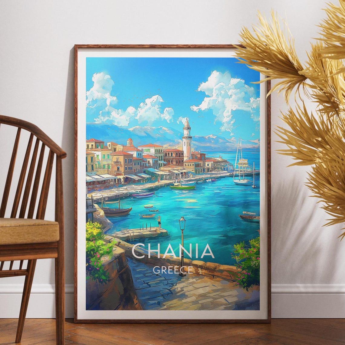 Chania Greece Old Port Lighthouse Boats Vintage Travel Poster