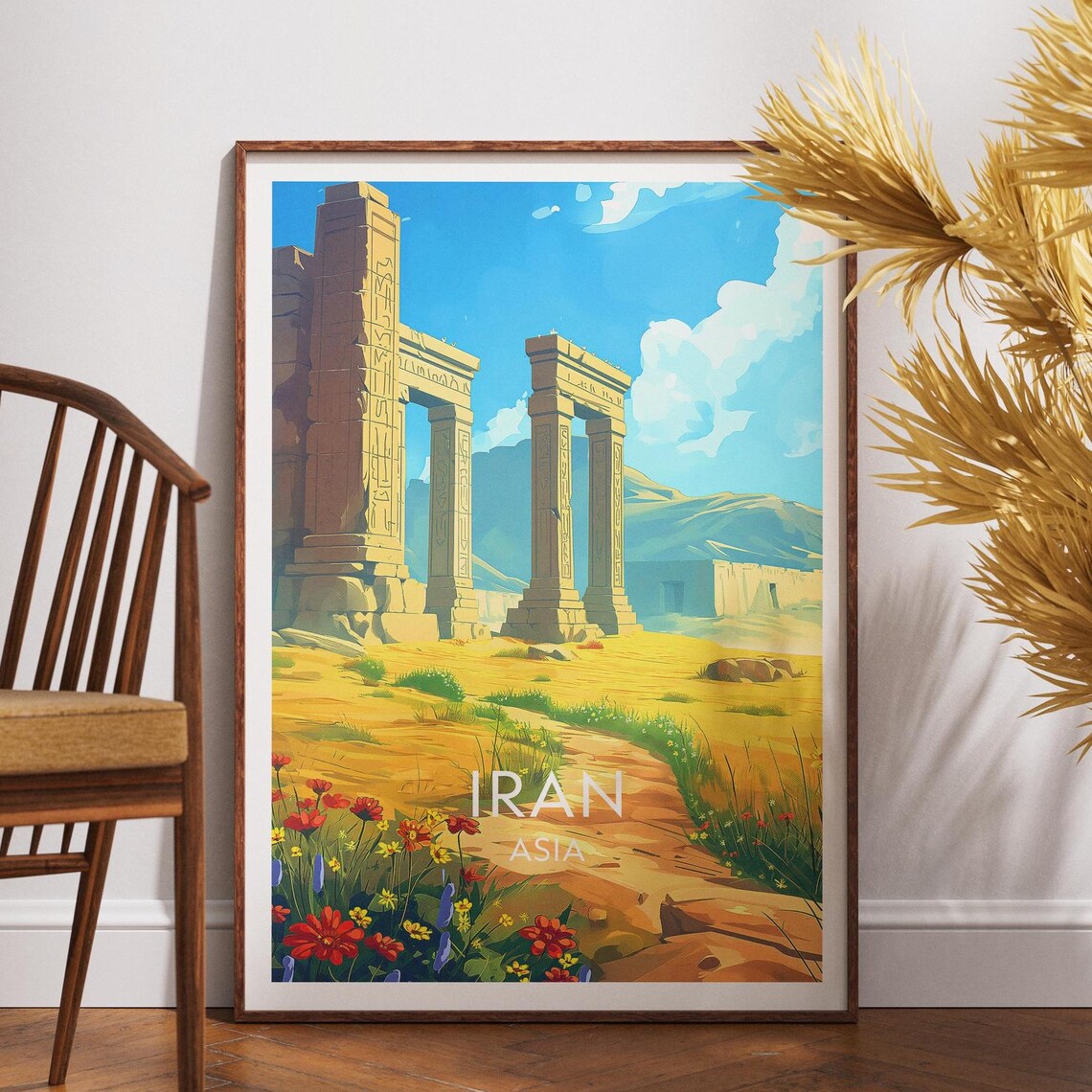 Iran Asia Persepolis Ancient Ruins Golden Field Vintage Travel Poster