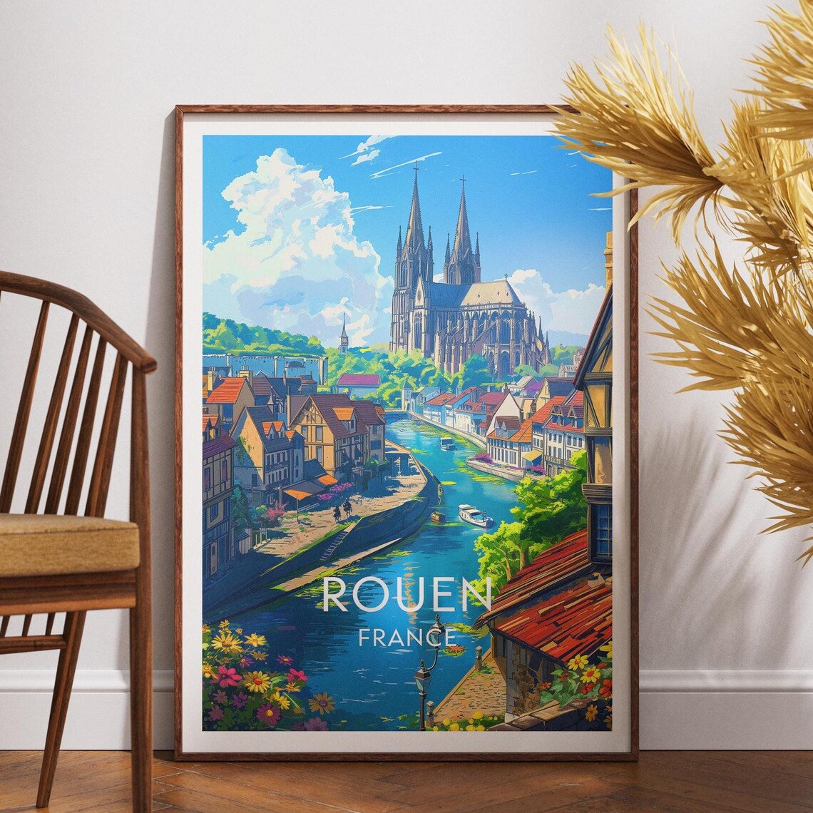 Rouen France Cathedral Riverside Floral Vintage Travel Poster