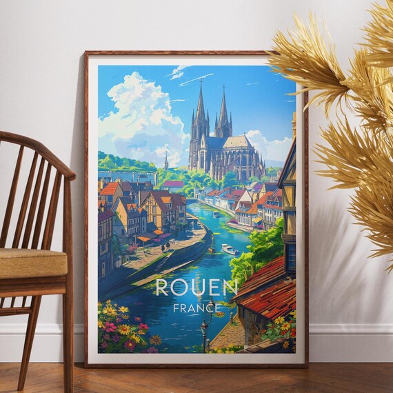 Rouen France Cathedral Riverside Floral Vintage Travel Poster