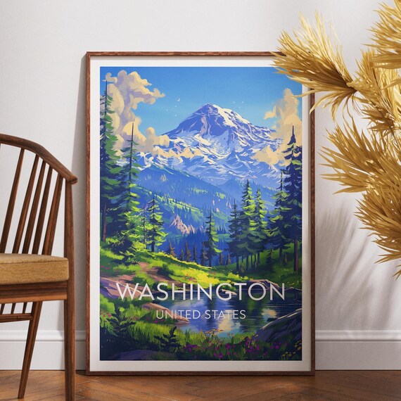 Washington Mount Rainier Snow Peak Forest Vintage Travel Poster