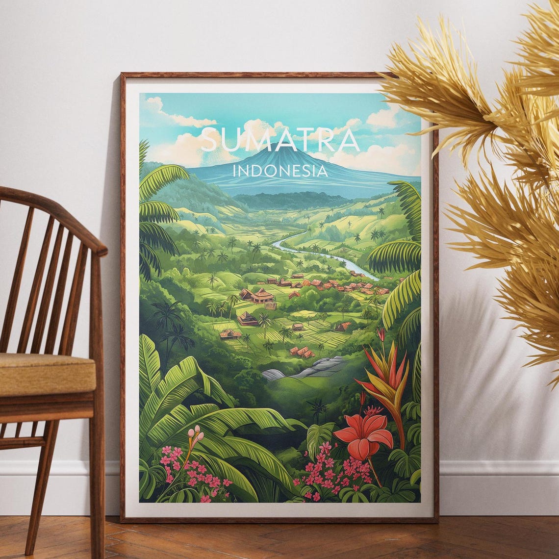 Sumatra Indonesia Valley River Volcano Jungle Vintage Travel Poster