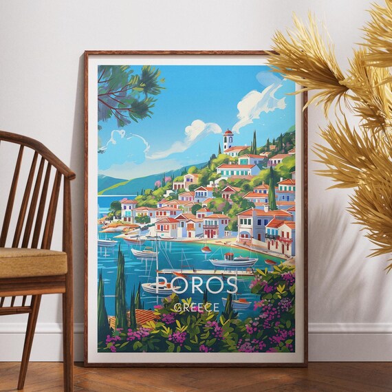 Poros Greece Hillside Village Harbor Boats Vintage Travel Poster