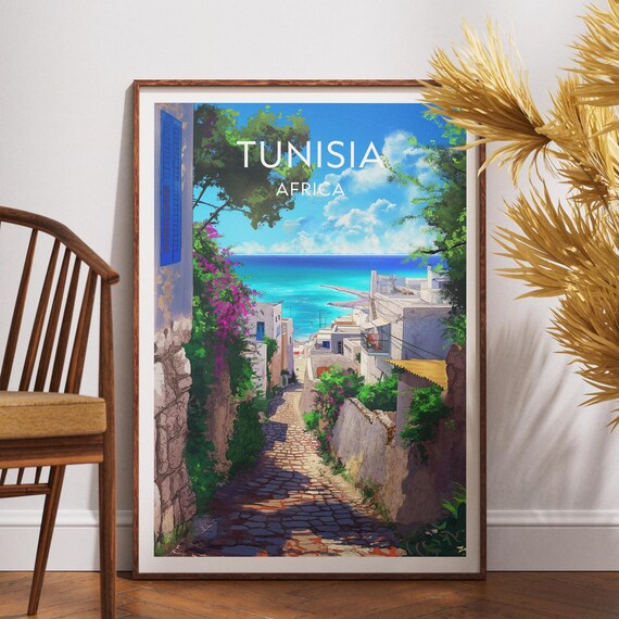 Tunisia Africa Seaside Alley Blue Shutters Mediterranean Travel Poster