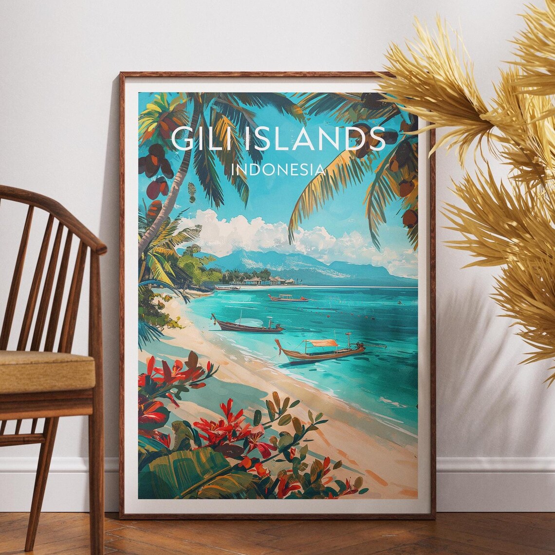 Gili Islands Indonesia Palm Framed Beach Seascape Travel Poster