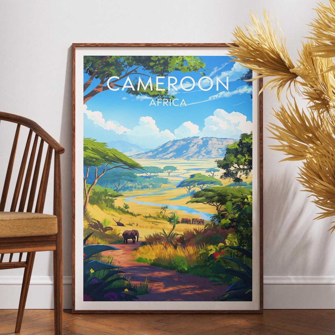 Cameroon Africa River Elephants Jungle Safari Scene Travel Poster