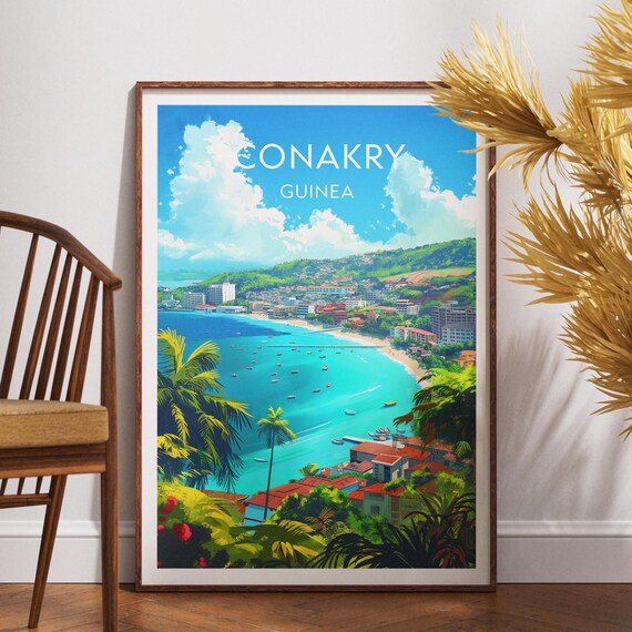 Conakry Guinea Coastal Bay City Boats Palm Trees Vintage Travel Poster