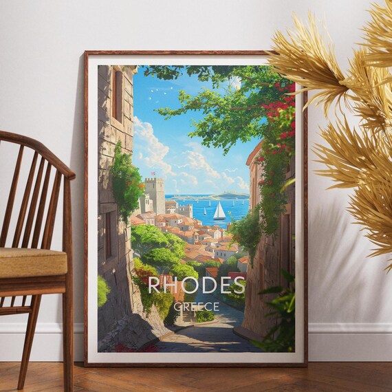 Rhodes Greece Old Town Alley Harbor View Vintage Travel Poster
