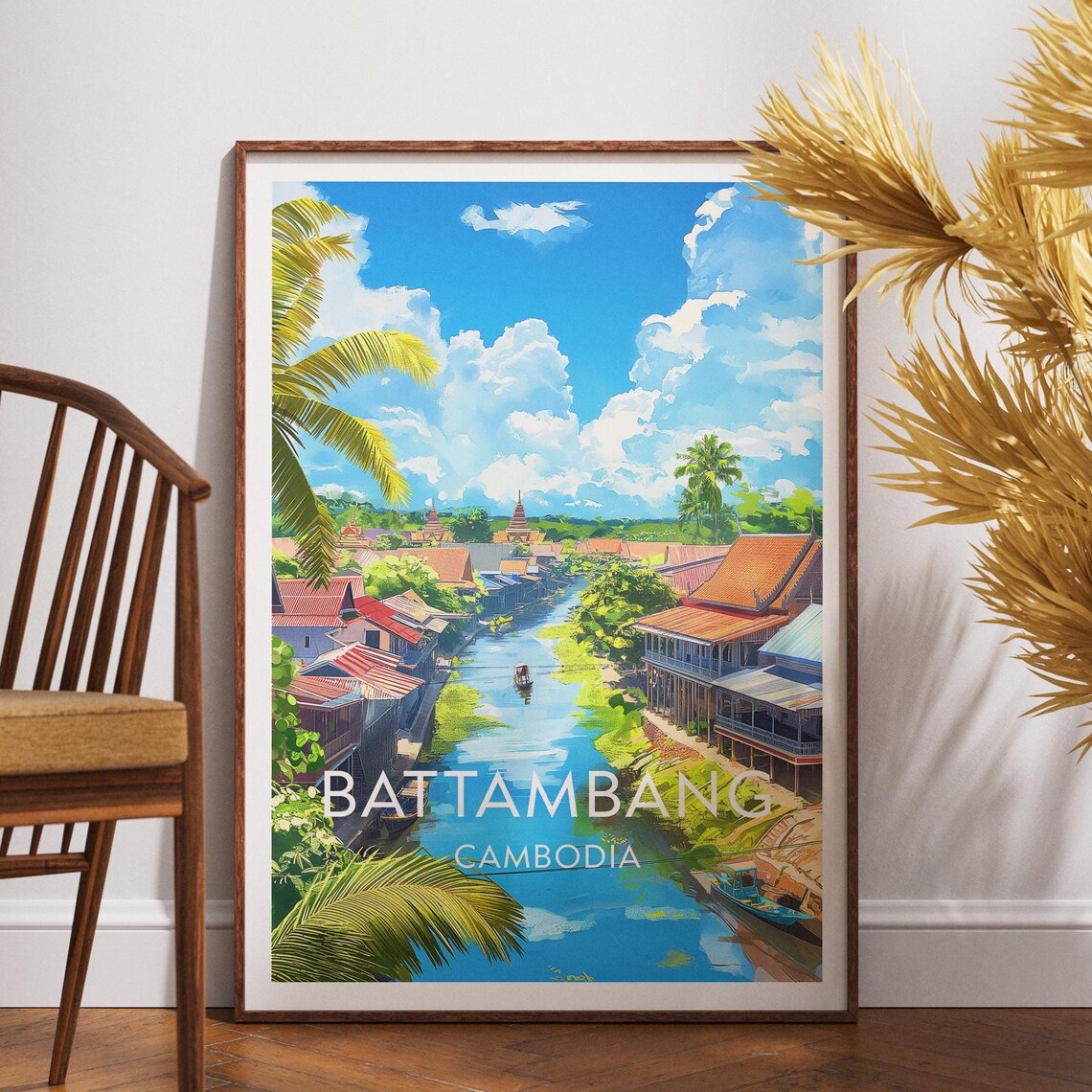 Battambang Cambodia River Town Palm Trees Vintage Travel Poster