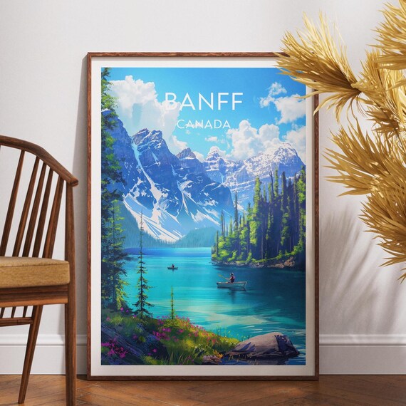 Banff Canada Turquoise Alpine Lake Canoe Mountain Travel Poster