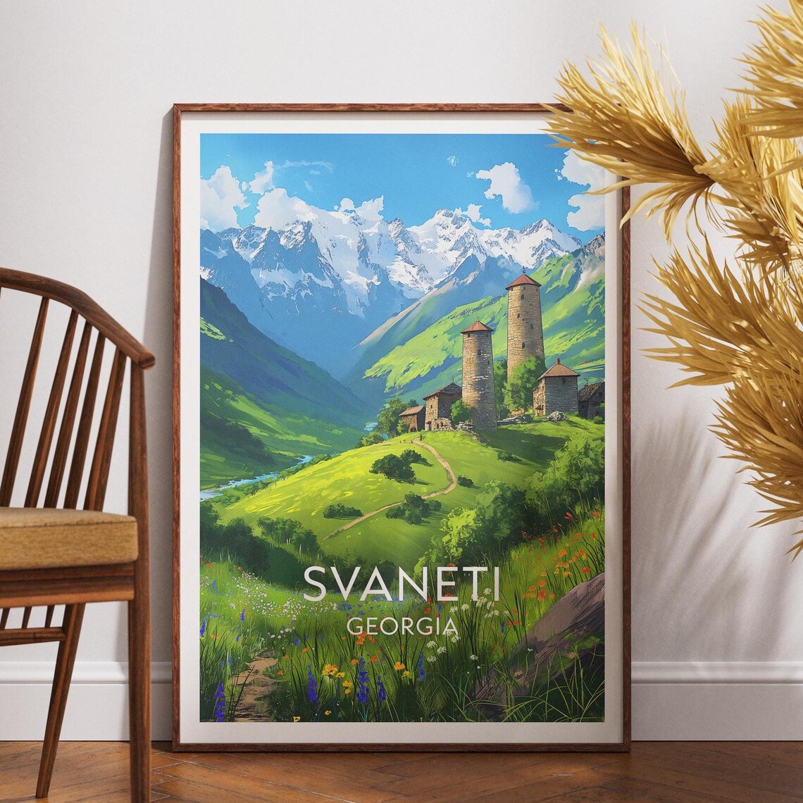 Svaneti Georgia Medieval Stone Towers Mountain Meadow Vintage Travel Poster