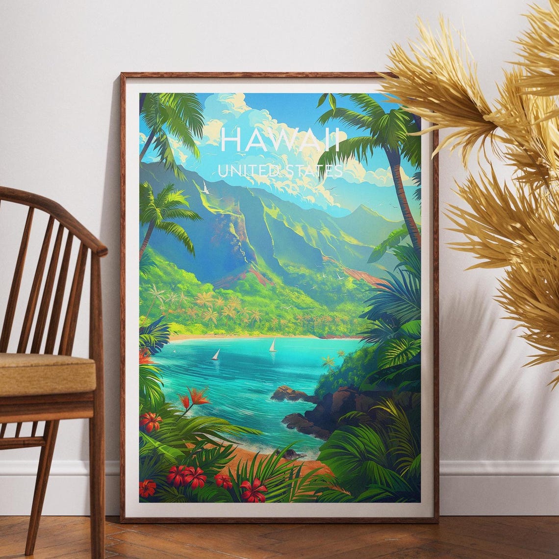 Hawaii Tropical Beach Cliffs Palm Trees Lagoon Ocean Travel Poster