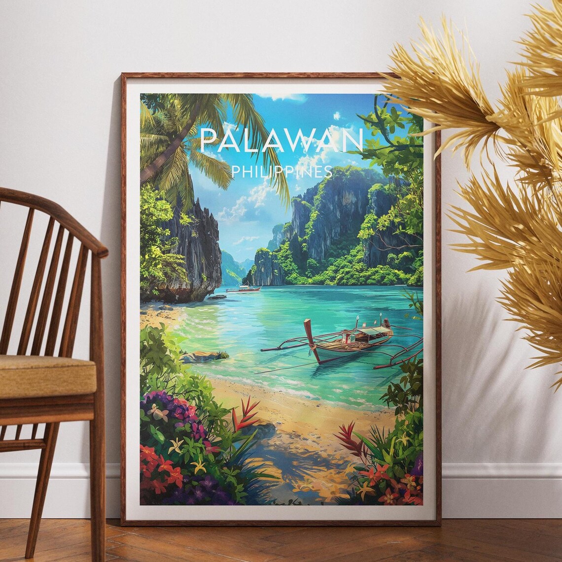 Palawan Philippines Beach Cove Karsts Boat Travel Poster Decor
