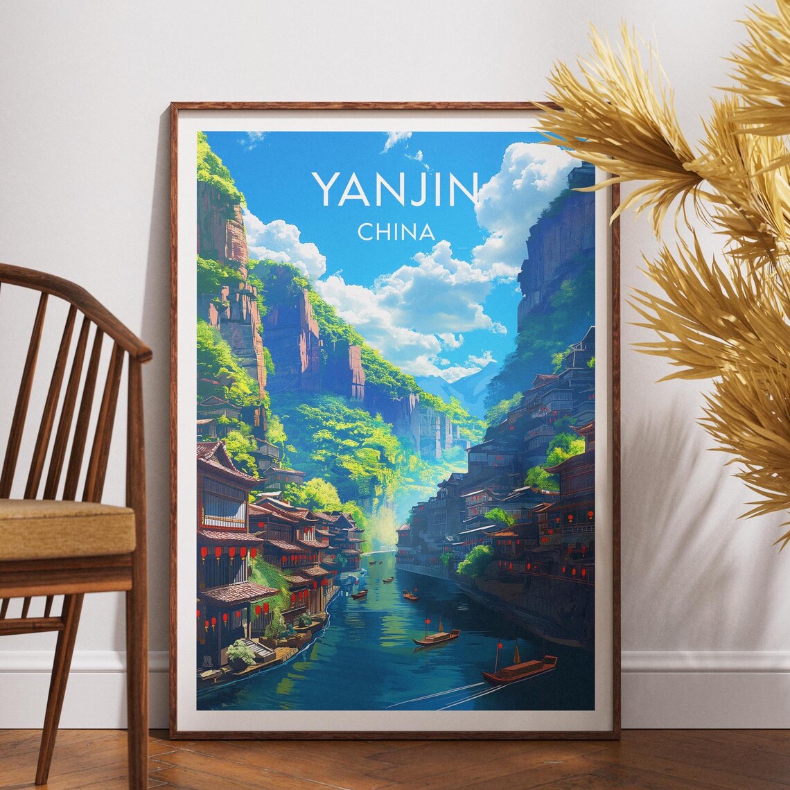 Yanjin Riverside Old Town Cliff Gorge China Travel Art Poster