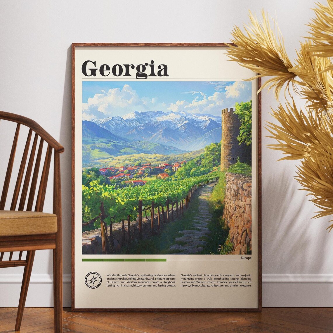 Georgia Country Travel Poster Snowy Mountains Vineyard Stone Tower Art