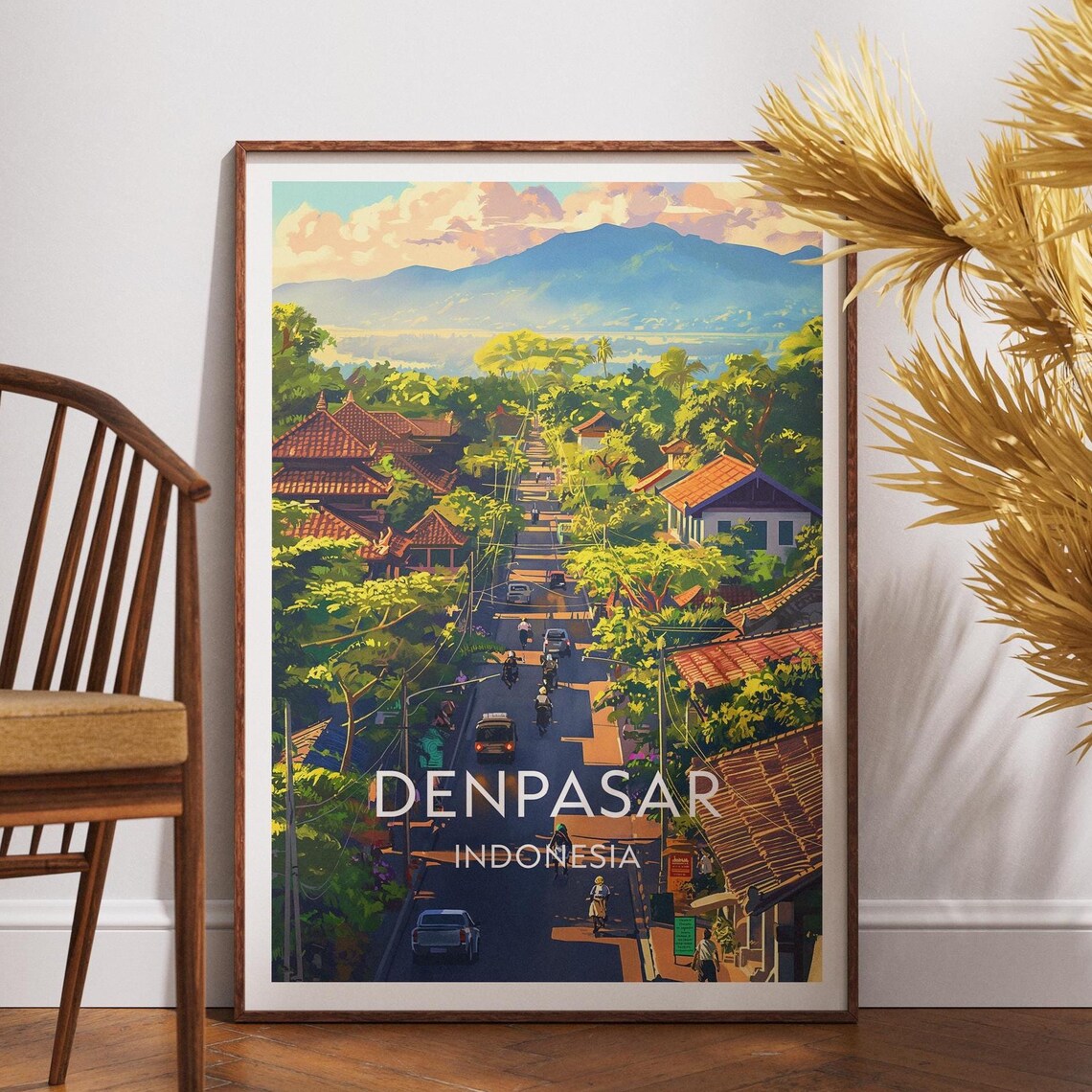 Denpasar Bali Indonesia Mountain View Street Scene Travel Poster