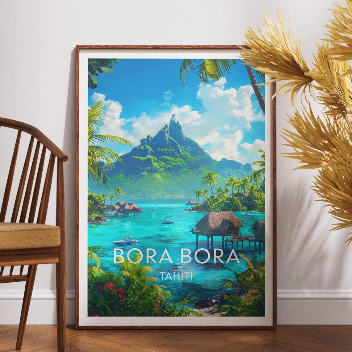Bora Bora Tahiti Lagoon Poster with Overwater Bungalows and Palms