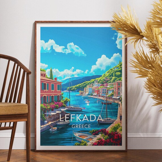 Lefkada Greece Waterfront Harbor Boats Vintage Travel Poster