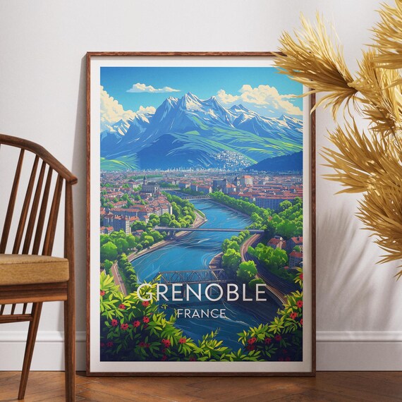 Grenoble France Alpine City River Valley Snow Peaks Travel Poster