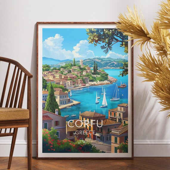 Corfu Greece Sailboat Bay Hillside Town Vintage Travel Poster