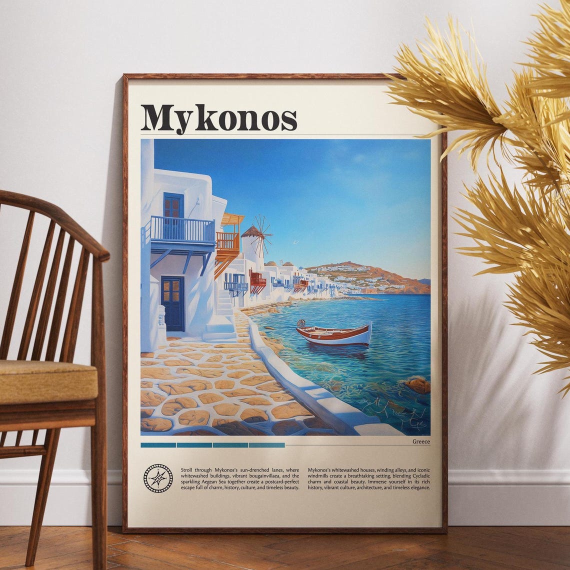 Mykonos Greece Windmill and Whitewashed Waterfront Travel Poster