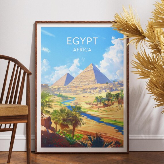 Egypt Giza Pyramids Desert Palm Illustrated Vintage Travel Poster