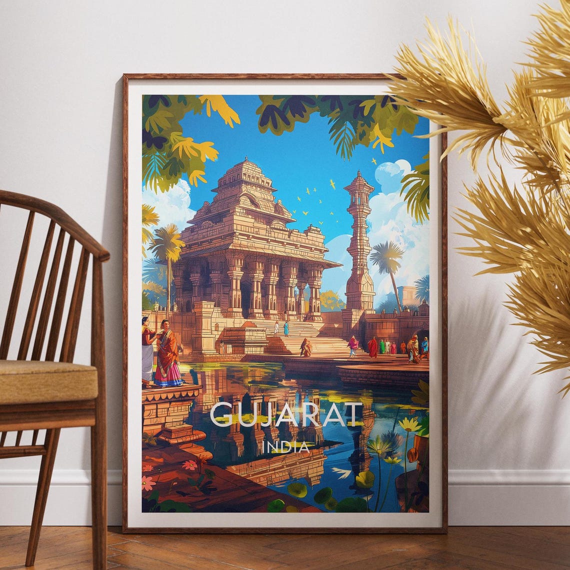 Gujarat India Ancient Temple Architecture Vintage Travel Poster