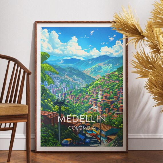 Medellin Colombia Hillside City Green Mountains Travel Poster