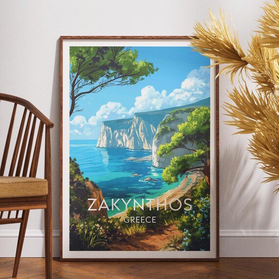 Zakynthos Greece Island Cliffs Beach Coast Vintage Travel Poster