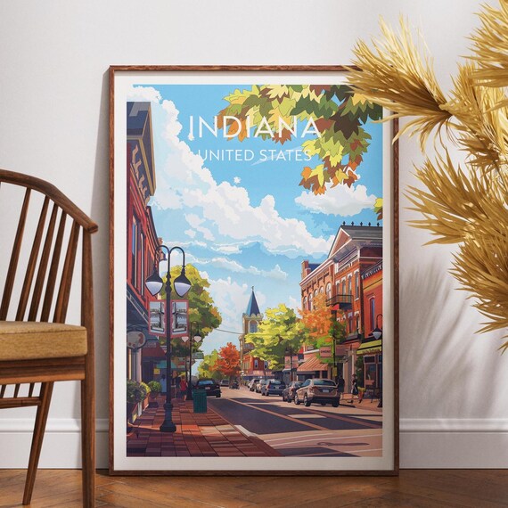 Indiana Historic Downtown Main Street Fall Trees Travel Print