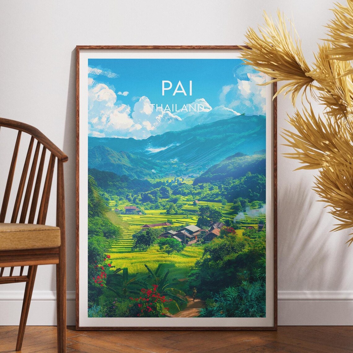 Pai Thailand Green Valley Rice Fields Village Mountain View Poster
