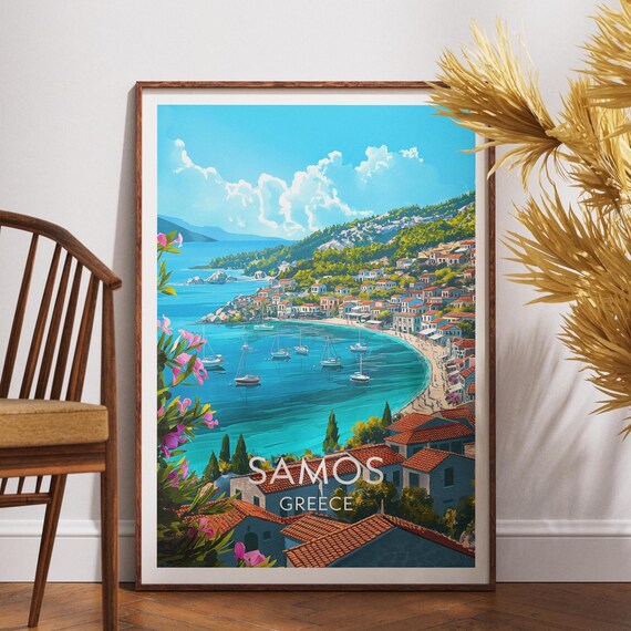 Samos Greece Turquoise Bay Sailboats Hillside Village Travel Poster
