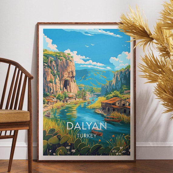 Dalyan Turkey River Cliffs Wooden Boats Reeds Canyon Travel Poster