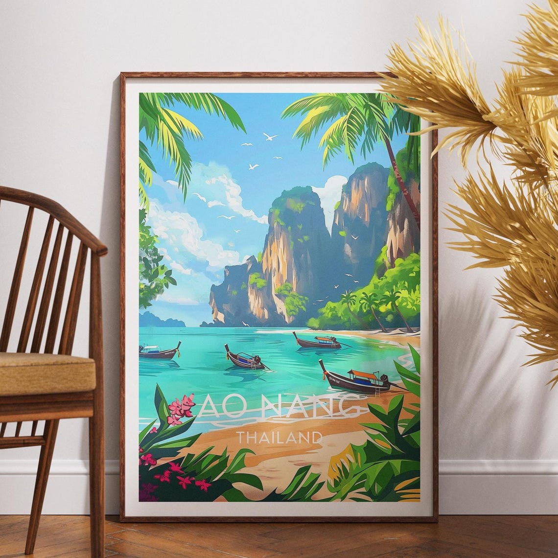 Ao Nang Thailand Turquoise Bay Longtail Boats Beach Travel Poster