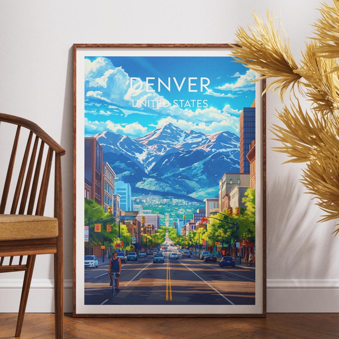 Denver Colorado Mountain Backdrop City Street Scene Travel Poster