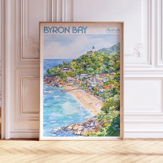 Byron Bay Watercolor Wall Art Print Australia Travel Poster World Cities Pastel Colors