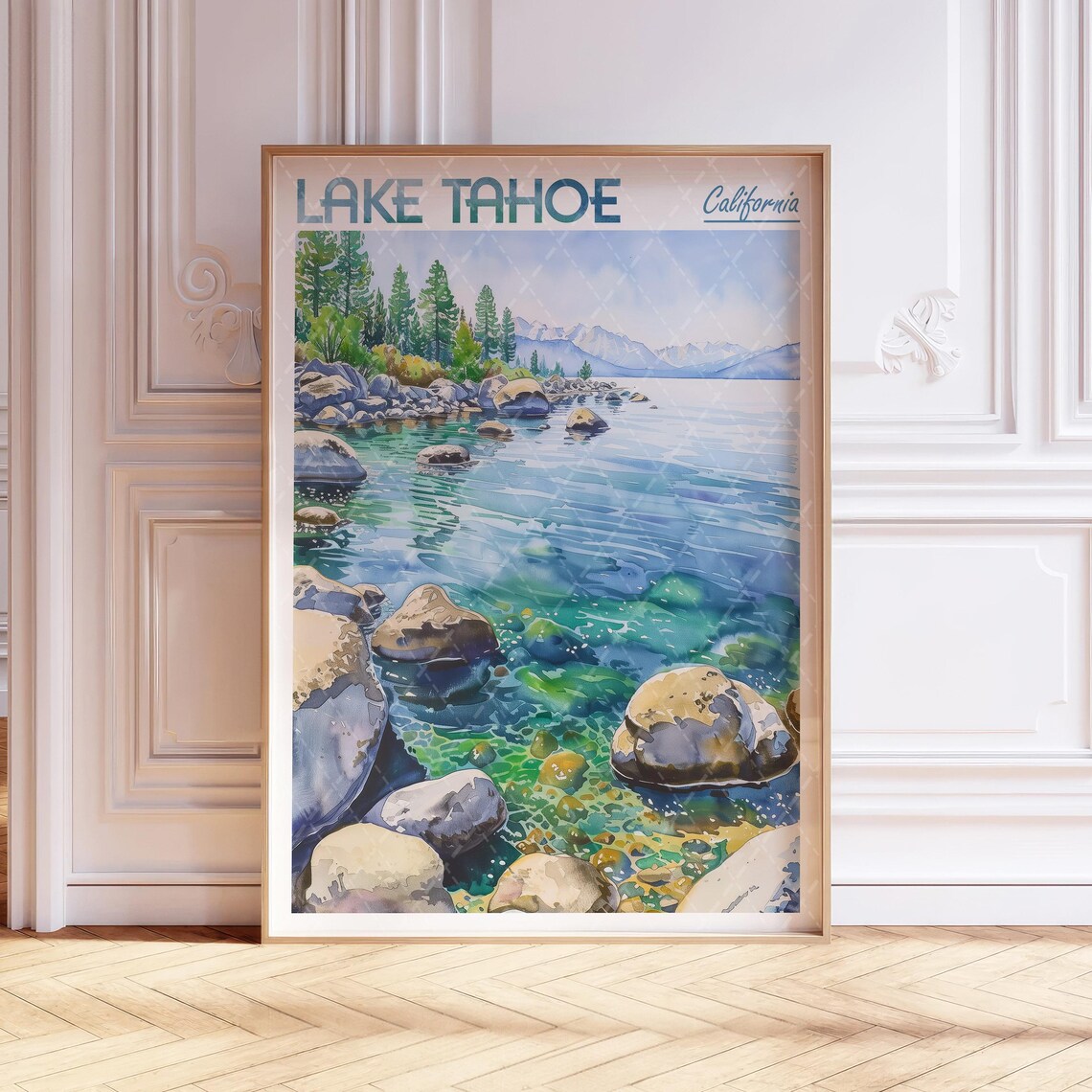 Lake Tahoe California Rocky Shoreline Watercolor Travel Poster