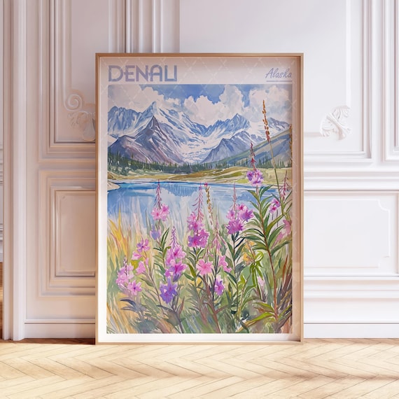 Denali Alaska Snowcapped Mountain Range Watercolor Travel Poster
