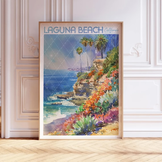 Laguna Beach California Coastal Cliffs Watercolor Travel Poster